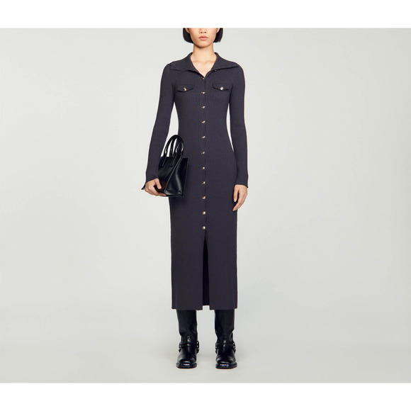 Sandro 'Knit' Grey Long Sleeve Maxi Dress Size S - Picture 1 of 5